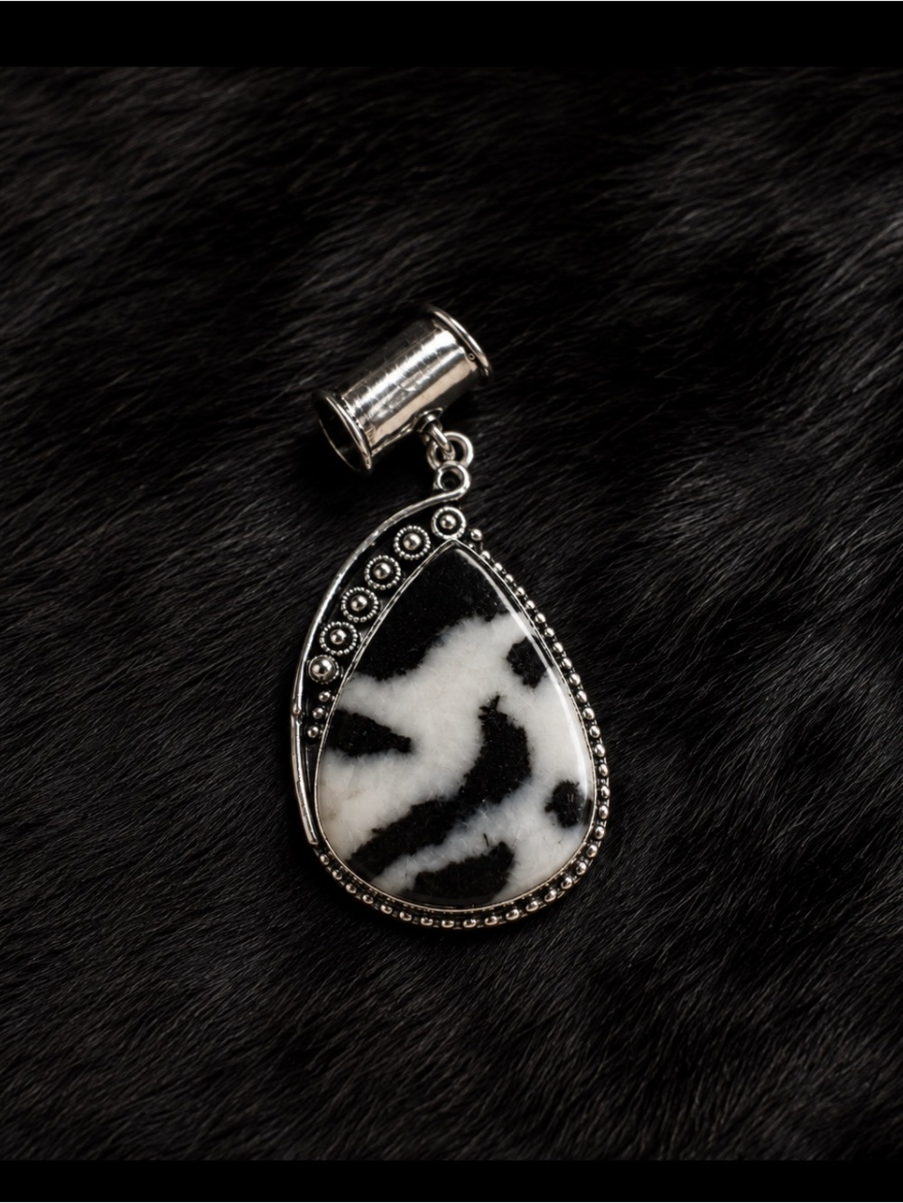 Sterling Silver Teardrop White Buffalo Pendant - Black & White